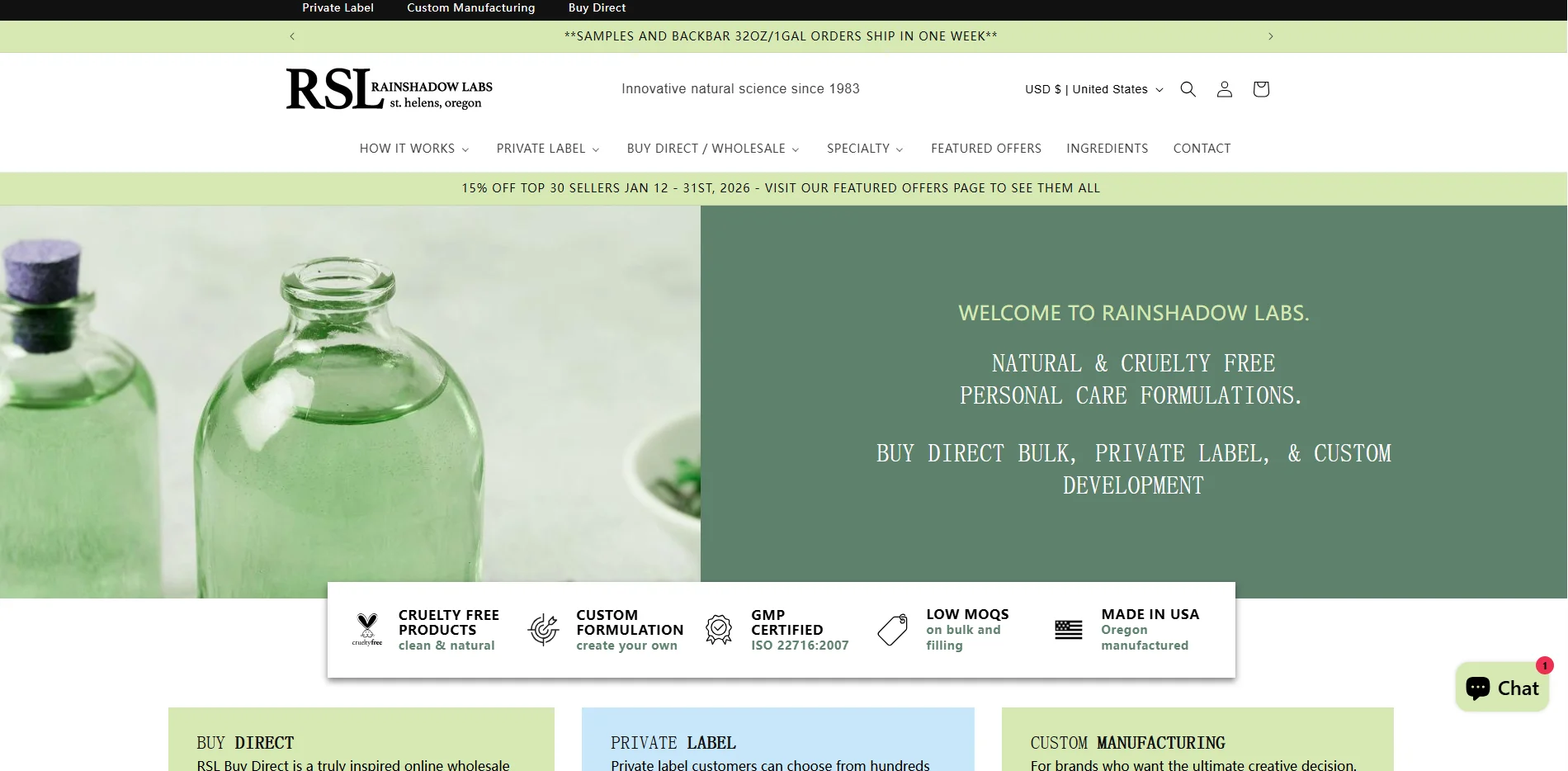 Rainshadow Labs website featuring green bottles, cruelty-free claim, and options for private label and bulk buying.